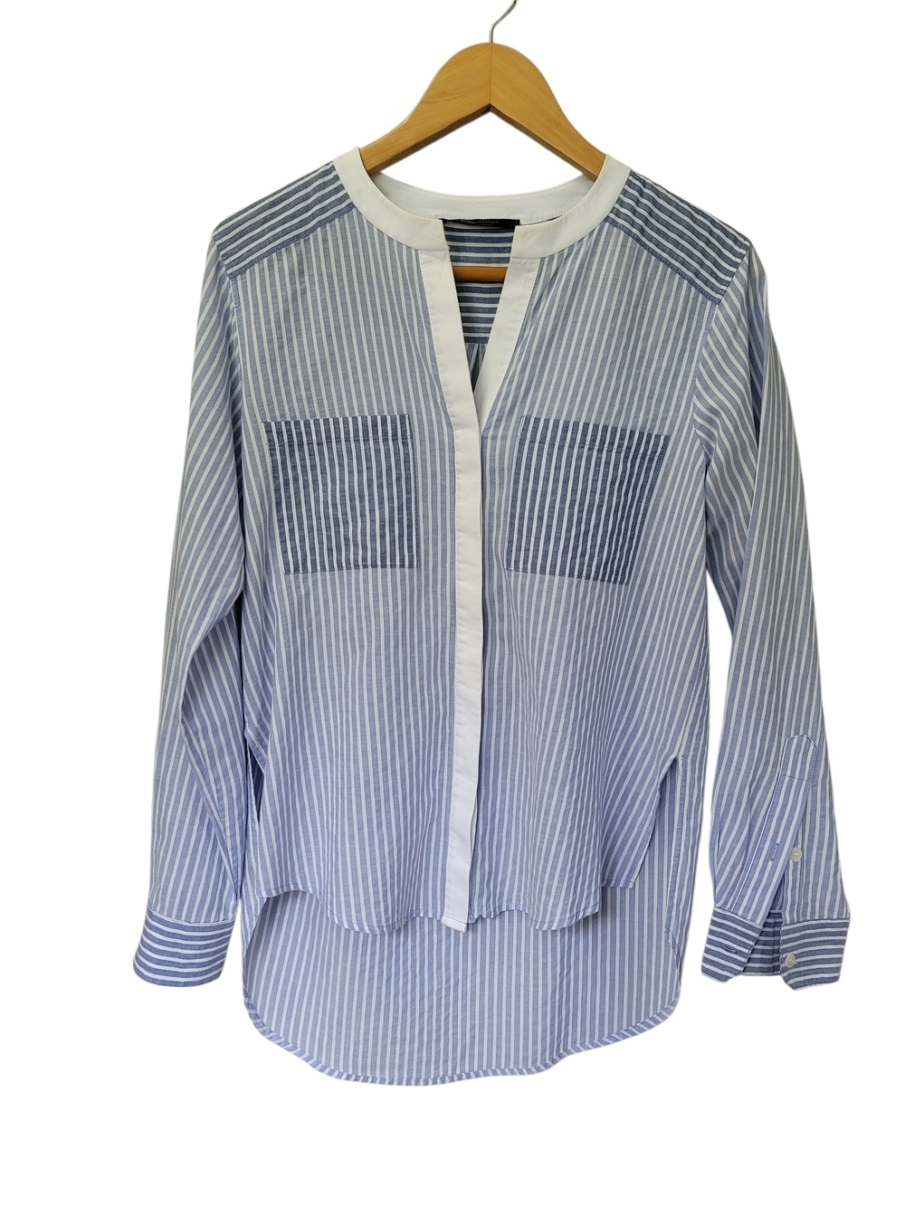 BCBGMAXAZRIA Randi Light Blue Stripe High-Low Blouse - M - Cotton Blend - Picture 3 of 8